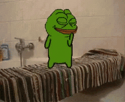 a cartoon frog is standing on a striped towel
