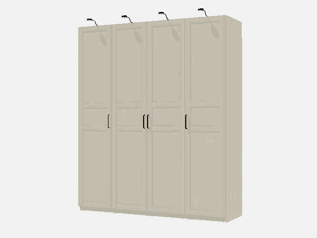 a row of white cabinets with black handles and shadows on them