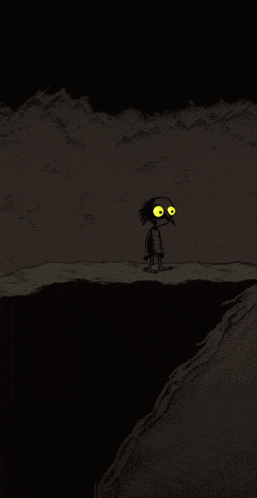 a cartoon character with big yellow eyes is standing on a cliff