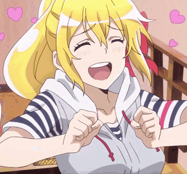 a girl with blonde hair and a striped shirt has her mouth open