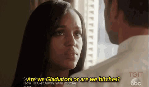 a man and a woman are looking at each other with the words " are we gladiators or are we bitches " written above them