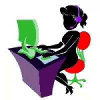 a silhouette of a woman sitting at a desk with a computer .