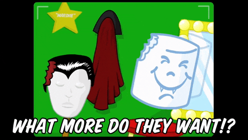 a picture of a vampire and a marshmallow with the words " what more do they want "
