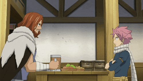 two anime characters standing next to each other with one holding a cup