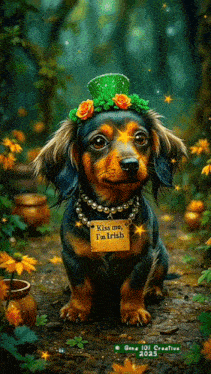 a dachshund wearing a green top hat and a tag that says " kiss me i 'm irish "