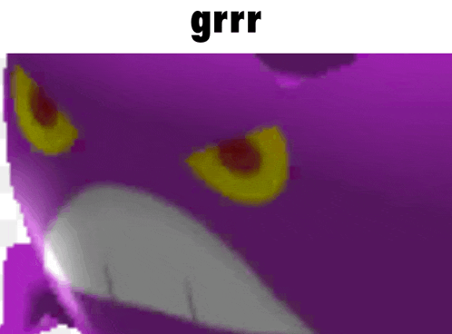 a close up of a purple monster with yellow eyes and the word grrr above it