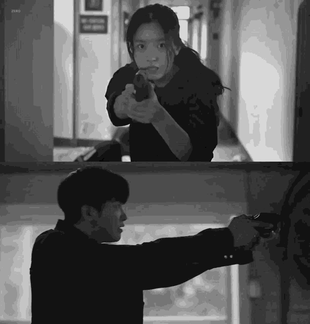a black and white photo of a girl pointing a gun at a man with zero written on the bottom