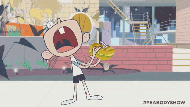 a cartoon of a boy eating a hamburger with #peabodyshow written below him