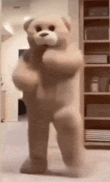 a teddy bear is standing in a room in front of a bookshelf .