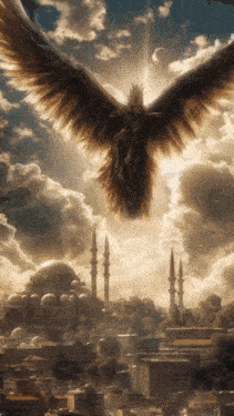 a large bird is flying over a city with a cloudy sky