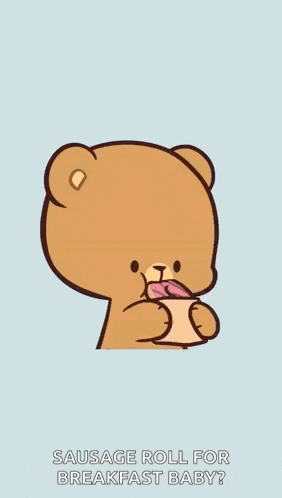 a cartoon of a cat and a teddy bear eating sausage roll for breakfast .