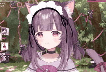 a girl with purple hair wearing a cat ear headband and a maid outfit