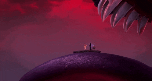 a group of people standing on top of a purple object with a red sky in the background