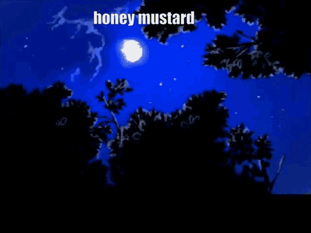 a blue sky with trees in the foreground and the words honey mustard above it