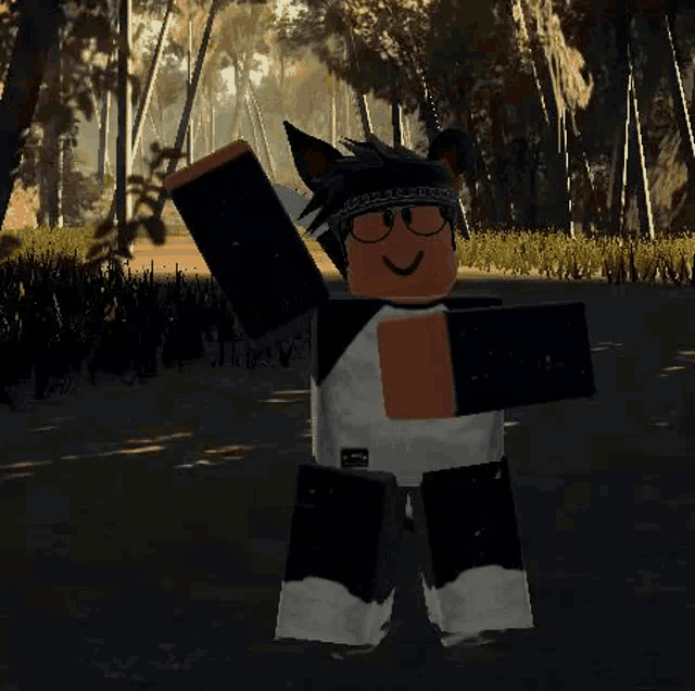 a roblox character is standing in the middle of a forest wearing glasses and a bandana .