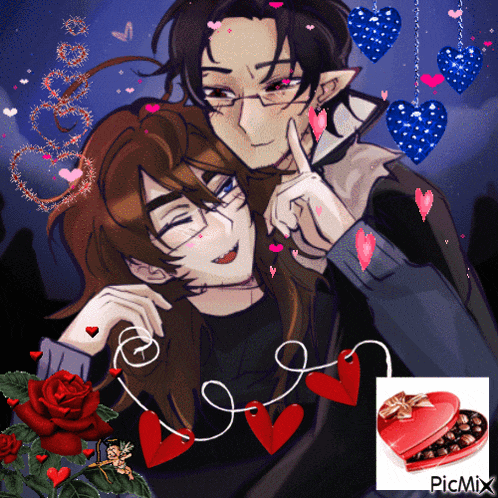 a picture of a man and a woman with hearts and a box of chocolates with picmix written on the bottom