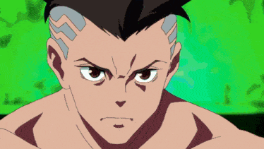 a cartoon character with a shaved head looks at the camera