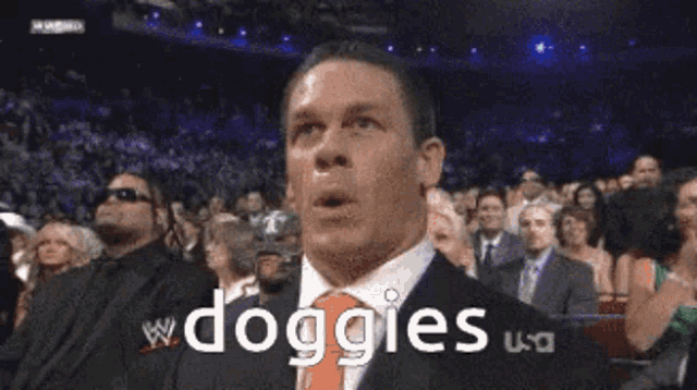 a man in a suit and tie is sitting in front of a crowd that says " doggies "