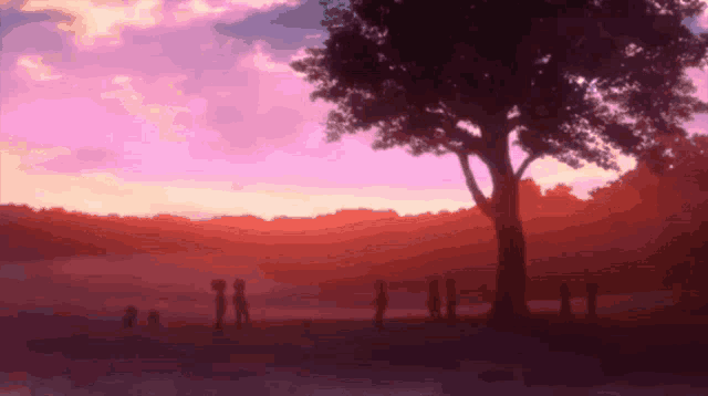a sunset with a tree in the foreground and people in the background