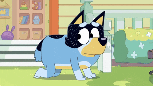 a cartoon dog is crawling on the grass in front of a building