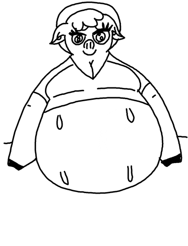 a black and white drawing of a pig with a big belly and a hat .