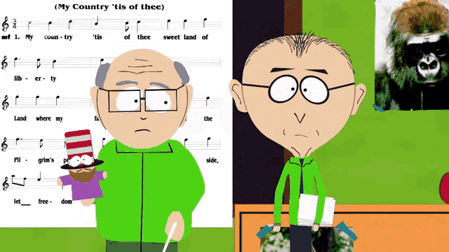 two cartoon characters standing next to a sheet of music that says ' my country ' on it
