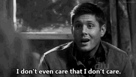a man is making a funny face and saying `` i don 't even care that i don 't care . ''