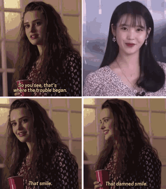 a woman holding a red cup with the words " that smile " on it