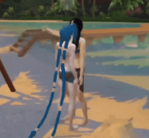 a woman with blue hair is standing next to another woman in a bikini