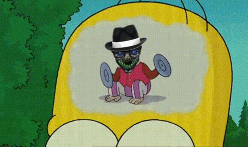 a cartoon of homer simpson holding a dumbbell and a hat