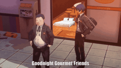 a video game character says goodnight gourmet friends in front of a bedroom
