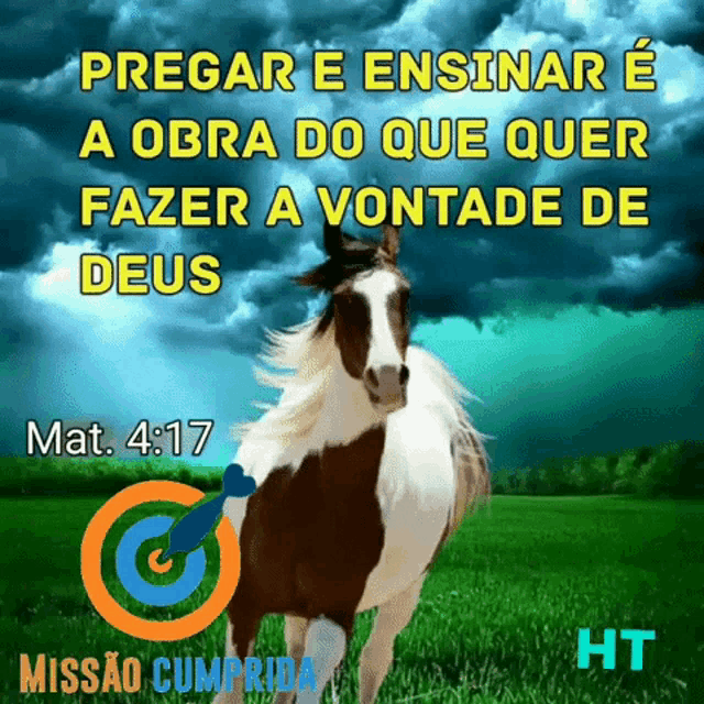 a picture of a brown and white horse with a bible verse on it