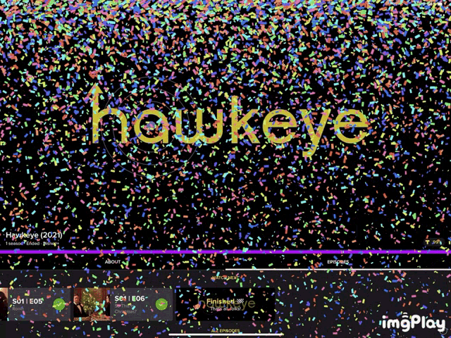 the word hawkeye is surrounded by rainbow colored confetti