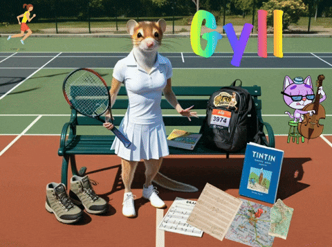 a woman holding a tennis racquet on a tennis court with a tintin book