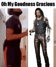 a man in a black shirt is standing next to a man with a robot arm ..
