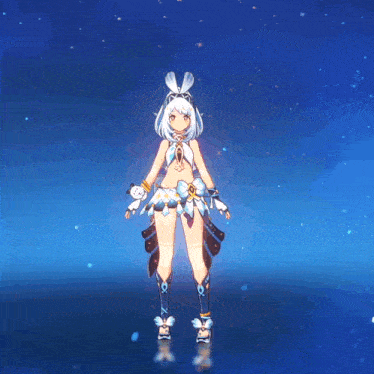 a girl with white hair is standing in front of a blue sky with stars