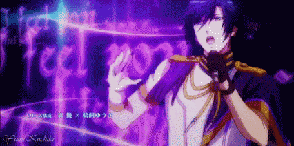 a man with long black hair is singing into a microphone in front of a purple background