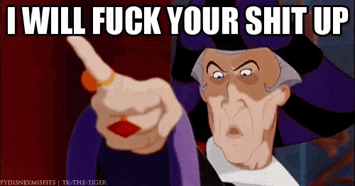 a cartoon of a man pointing with the words " i will fuck your shit up "