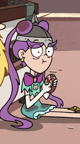 a cartoon character with purple hair and a helmet