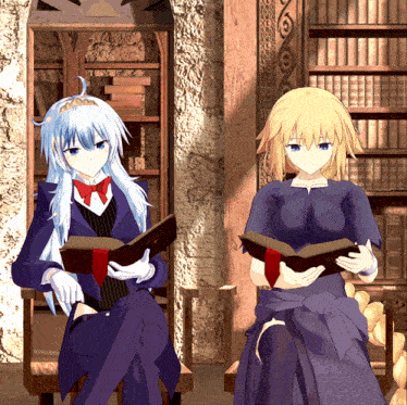 two anime characters are sitting in front of a bookshelf holding books