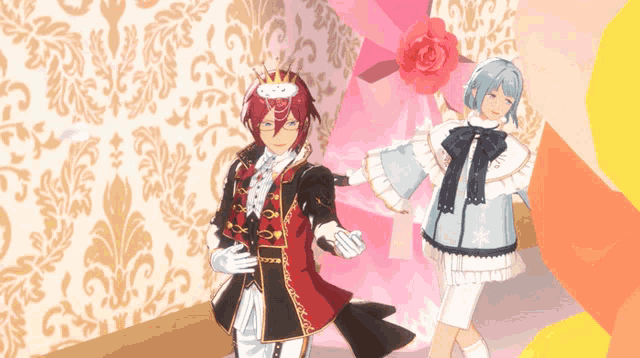 a couple of anime characters standing next to each other in front of a wall