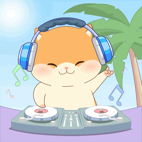 a cartoon cat wearing headphones is playing music
