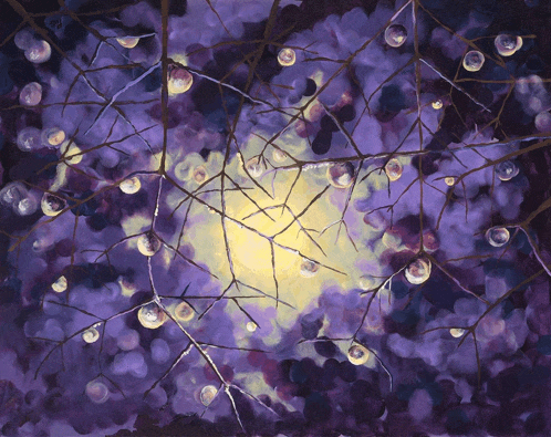 a painting of a tree with purple branches and a yellow light in the middle