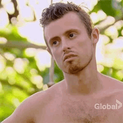 a shirtless man with a beard is looking at the camera with a serious look on his face .