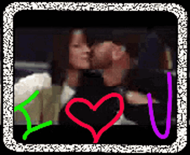 a picture of a man and woman kissing with a red heart and the words i love u
