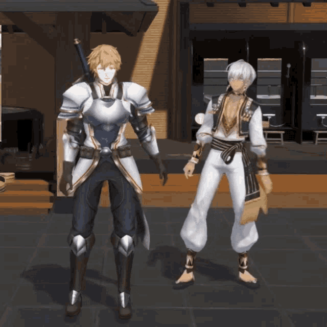 a man in armor is standing next to another man in a white outfit