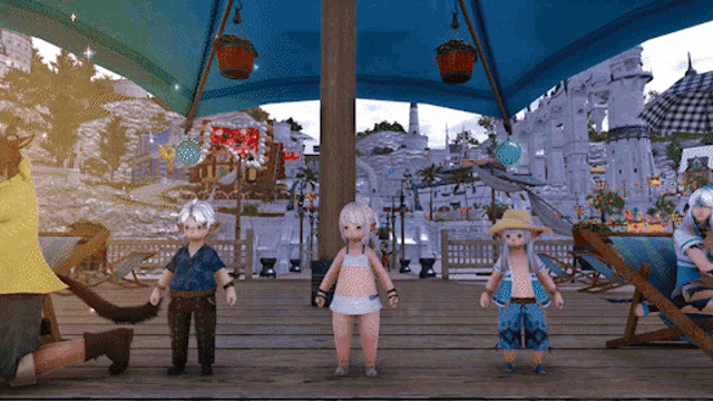 a group of children are standing under an umbrella on a deck