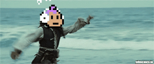 a pixel art of a man standing on a beach with the words gifmemes.io below