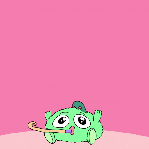 a cartoon drawing of a green monster with a long tongue sticking out on a pink background