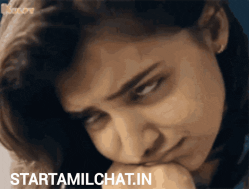a close up of a woman 's face with the words startamilchat.in below her